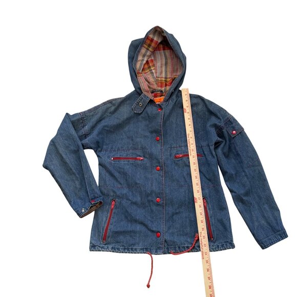 Vintage S.B.S Denim Hooded woman's Jacket With Plaid Lining & Red Accents - Picture 2 of 9